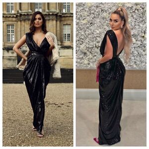 HOUSE OF CB Narice Black Sequin High Low V Neck Plunge Dress Gown XS